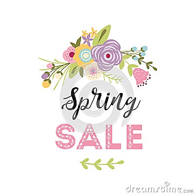 Spring Sale Banner with cute floral wreath Vector Design Spring flower pink green colors bouquet Stock Photo