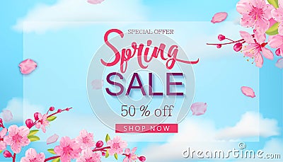 Spring sale banner with flowers, blue sky, hand drawn floral design elements. Vector Illustration