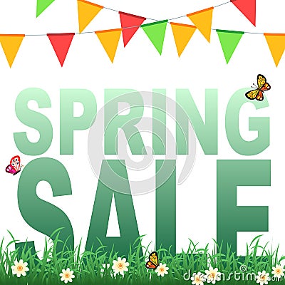 Spring sale banner with flowers in grass and butterflies Vector Illustration