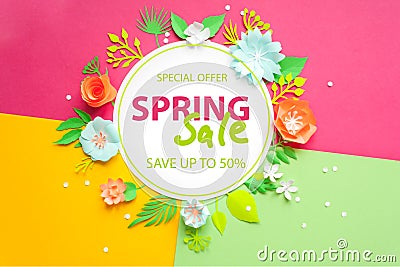 Spring sale. Banner, flyer, invitation, posters, brochure voucher discount Advertising Cut from paper. Stock Photo