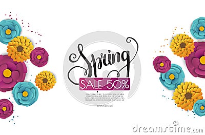 Spring sale banner with paper flowers on a white background. Vector Illustration