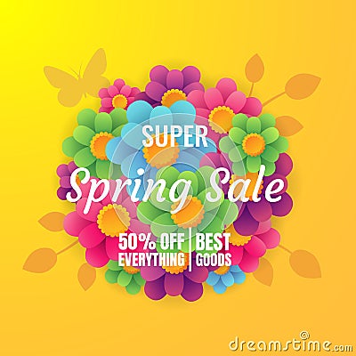 Spring sale banner template with flower on colorful background. Vector illustration. Card for spring season with flowers. Promotio Cartoon Illustration