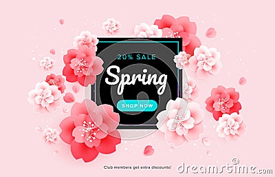 Spring sale beautiful banner design with pink flowers background Vector Illustration