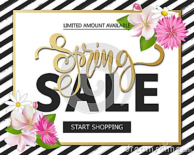 Spring sale with beautiful flowers. Greeting card with hand drawn lettering. Vector illustration template, banners Vector Illustration