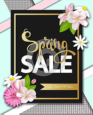 Spring sale with beautiful flowers. Greeting card with hand drawn lettering. Vector illustration template, banners Vector Illustration