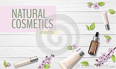 Spring sale cherry blossom organic cosmetic ad template. Skincare essence pink spring promo offer flower 3D realistic Vector Illustration