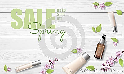 Spring sale cherry blossom organic cosmetic ad template. Skincare essence pink spring promo offer flower 3D realistic Vector Illustration