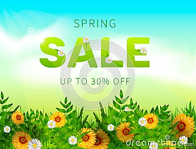 Spring Sale collection. Vector background with sun, chamomile, grass and ribbon. Text design Cartoon Illustration