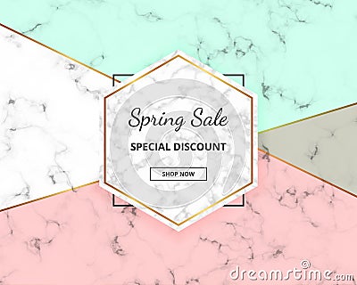 Spring sale cover geometric design with marble texture and gold glitter lines, green and pink colors background. Template for desi Vector Illustration