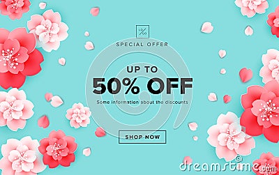 Spring sale design with beautiful flowers - cherry blossom on gr Vector Illustration