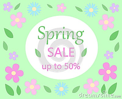 spring sale discount floral bacground text spring sale up to fifty percent on white and green with pastel colors pink and blue fl Vector Illustration