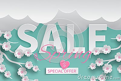 Spring sale banner floral template with paper cut blooming pink cherry flowers Vector Illustration