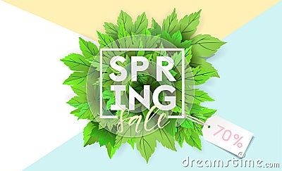 Spring sale flyer template with lettering and bright green leaves Vector Illustration