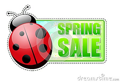 Spring sale green label with ladybird Stock Photo