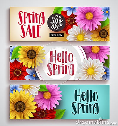 Spring sale and hello spring vector banner set designs with colorful background Vector Illustration