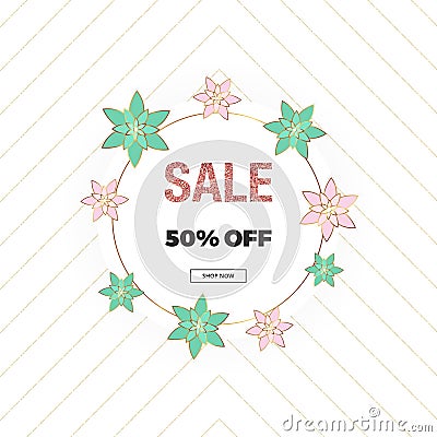 Spring sale, Mother`s Day and 8th of March banner with pink and green flowers, glitter texture. Template for online shopping, desi Stock Photo