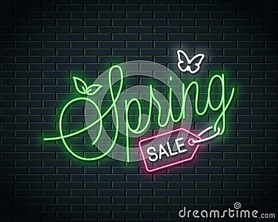 Spring Sale Neon Lettering. Neon banner of Spring Vector Illustration