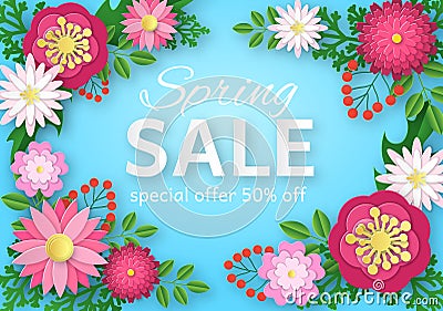 Spring sale with paper flowers. Colorful floral promotion poster, magazine and web site advertising online shopping Vector Illustration