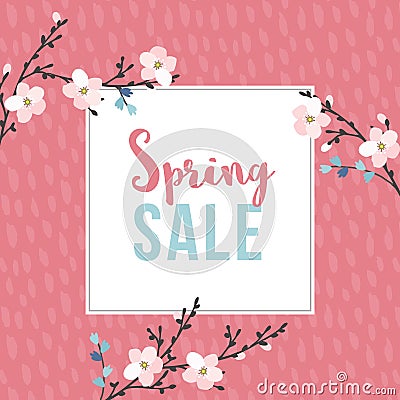 Spring sale poster with blossoming cherry tree branches. Seasonal business concept. Vector illustration backgrouns. Flat Vector Illustration