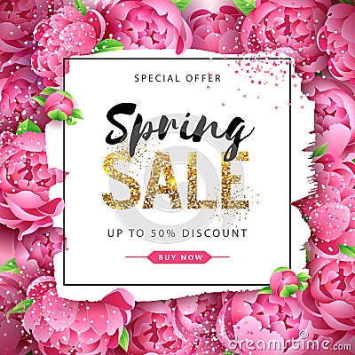 Spring sale poster with full blossom pion flowers. Spring flowers background Vector Illustration