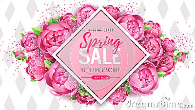 Spring sale poster with full blossom pion flowers. Spring flowers background Vector Illustration