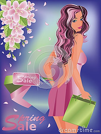 Spring sale shop girl Vector Illustration