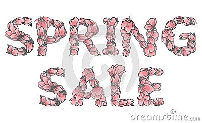 SPRING SALE sign or lettering made with sakura flowers Vector Illustration