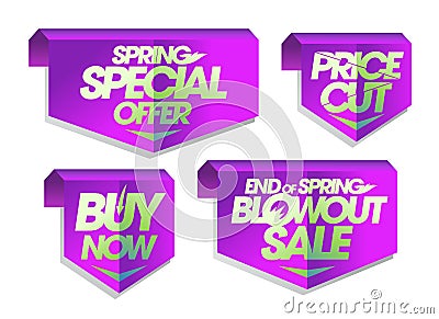 Spring sale stickers, signs and arrows vector collection - price cut, end of spring blowout sale, special spring offer Vector Illustration