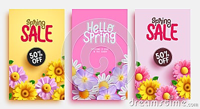 Spring sale text vector banner set design. Hello spring greeting card and season promotion discount Vector Illustration