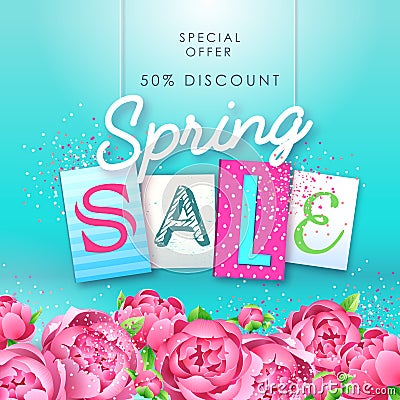 Spring sale typography poster with full blossom pion flowers. Spring background Vector Illustration