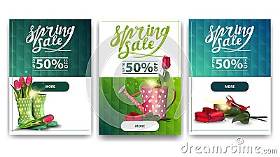 Spring sale, up to 50% off, collection discount banners with spring icons Vector Illustration