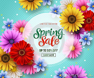 Spring sale vector banner template with colorful flowers elements like chrysanthemum and daisy Vector Illustration