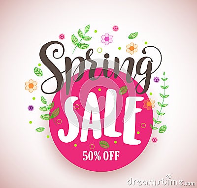 Spring sale vector design promotional banner in pink circle with colorful flowers and plants elements Vector Illustration