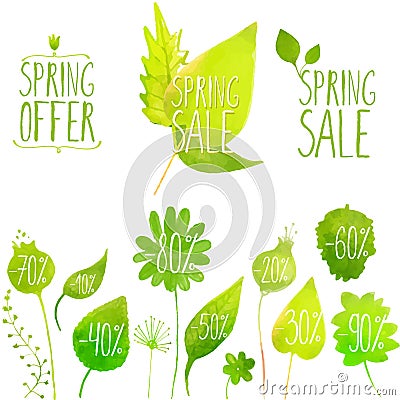 Spring sale vector green elements, labels and Vector Illustration