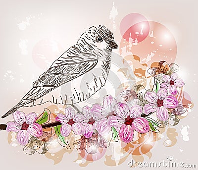 Spring scene with hand drawn bird Vector Illustration