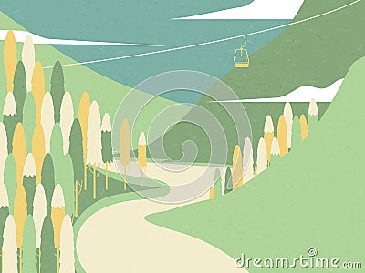 Spring scenery landscape, forest on mountain with cable car hanging on cable string Vector Illustration