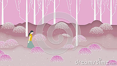 Spring scenery landscape, girl walking through pink flower fields Vector Illustration