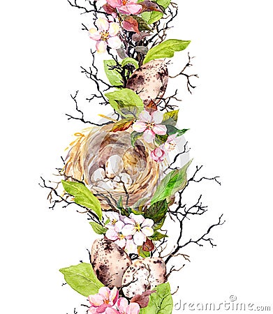Spring seamless border - nest, eggs, flowers, branches, spring leaves. Watercolor Stock Photo