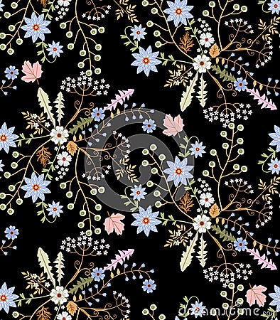 Spring seamless floral pattern with stylized flowers and leaves in folk style on black background in vector Vector Illustration