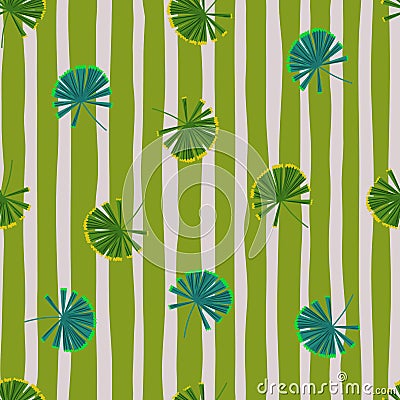 Spring seamless pattern with botanic green and blue palm licuala shapes. Green striped background Vector Illustration