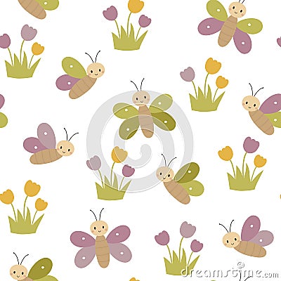 Spring seamless pattern with butterflies and tulips. Childish background. Vector illustration. Vector Illustration