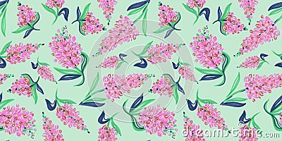 Spring Seamless Pattern of Floral elements in doodle style on green background. Pink and brown Flowers and leaf Patterns Stock Photo