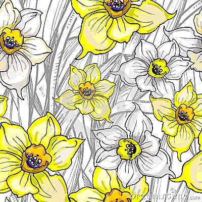 Spring seamless pattern with flowers of Narcissus, Daffodils, jonquil. Vector Illustration