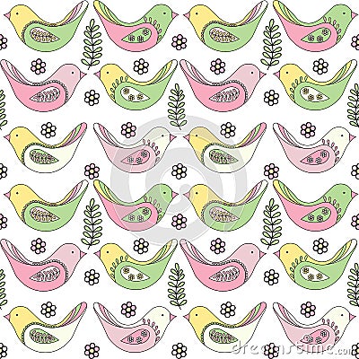 Spring seamless pattern of multicolored birds on a white background Vector Illustration