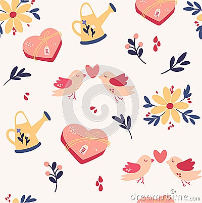 Spring seamless pattern. Romantic background with birds, flowers, watering can and sweets. Vector Illustration