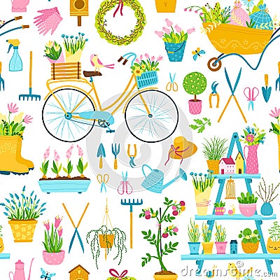 Spring seamless pattern in simple hand-drawn cartoon style. Vector childish colorful illustration of bicycle, flower pots, Vector Illustration