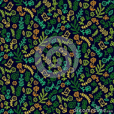 Spring seamless pattern in vector with flower, bird, snail, butterfly, ladybug, leaf, heart. Floral background. Vector Illustration