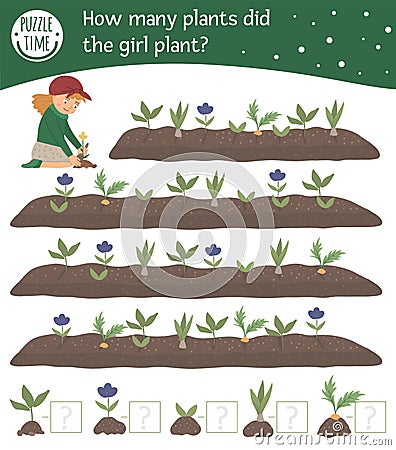 Spring searching math counting game for children with cute girl planting plants in the garden. Cute funny smiling characters. Find Vector Illustration