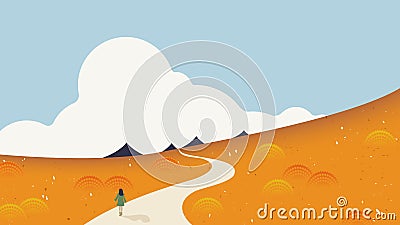 Spring season scenery landscape, girl walking through the road surrounded by flower field on the mountain Vector Illustration