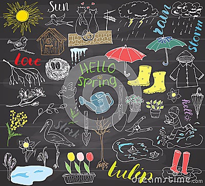 Spring season set doodles elements. Hand drawn sketch set with umbrella, rain, rubber boots, raincoat, flovers, garden tools, nest Vector Illustration